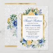 Blauw en geel Zomer Bloemen Gouden Folie Sweet 16 Kaart (Voorkant / Achterkant)