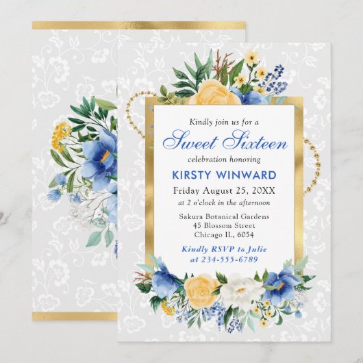 Blauw en geel Zomer Bloemen Gouden Folie Sweet 16 Kaart (Voorkant / Achterkant)