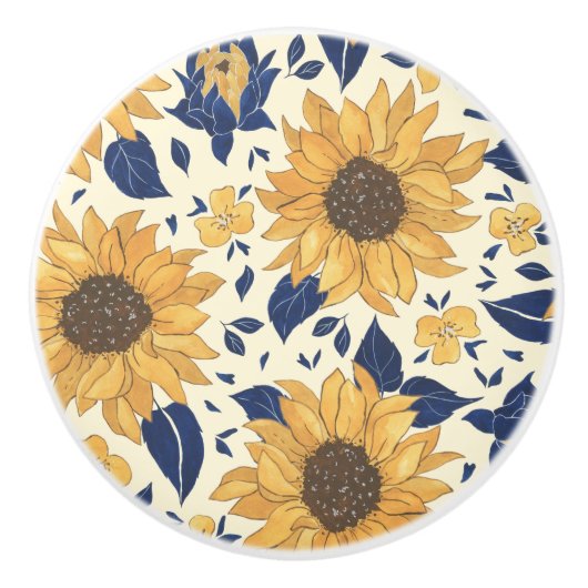 Blauw en geel, Zonnebloemen Keramische Knop (Voorkant)