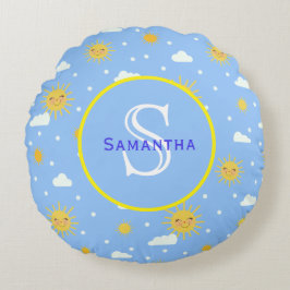 Blauw en geel zonnescherm op maat rond kussen