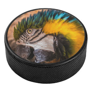 Blauw en gele ara-portret hockey puck
