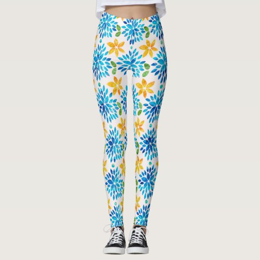 Blauw- en gele Waterverf ventilatorpatroon Leggings (Voorkant)
