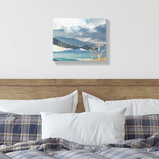 Blauw en Glittering Gold Landscape Canvas Afdruk (Insitu (Slaapkamer))