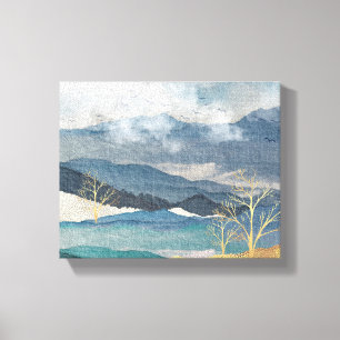 Blauw en Glittering Gold Landscape Canvas Afdruk