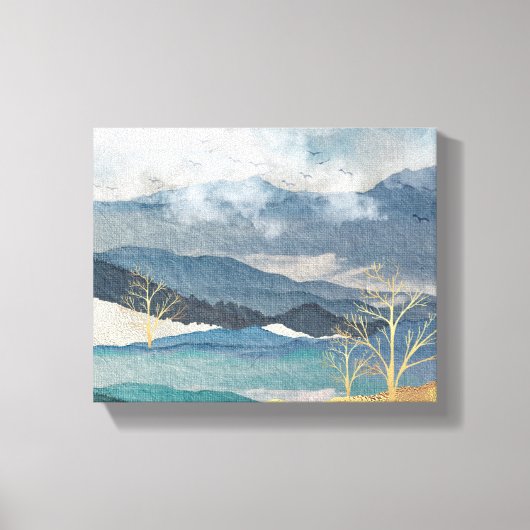 Blauw en Glittering Gold Landscape Canvas Afdruk (Voorkant)