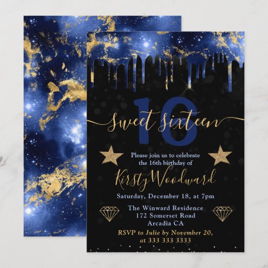 Blauw en goïd Galaxy Marble Sweet Sixteen Kaart (Voorkant / Achterkant)