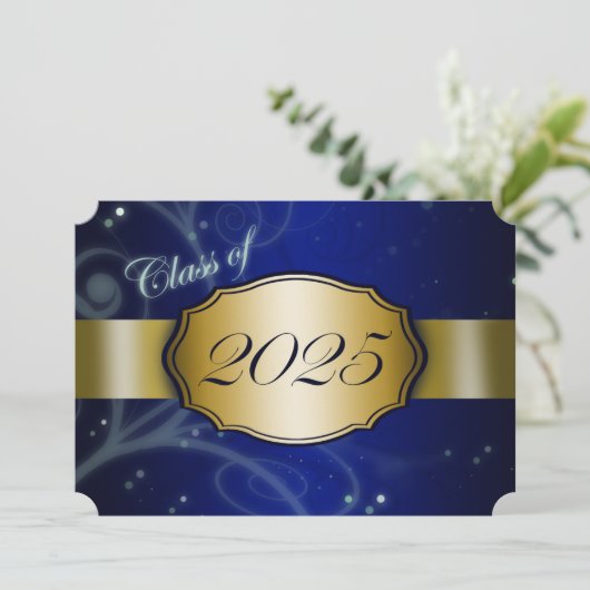 Blauw en Goud 2025 Afstudeerfeest Kaart (Staand voorkant)