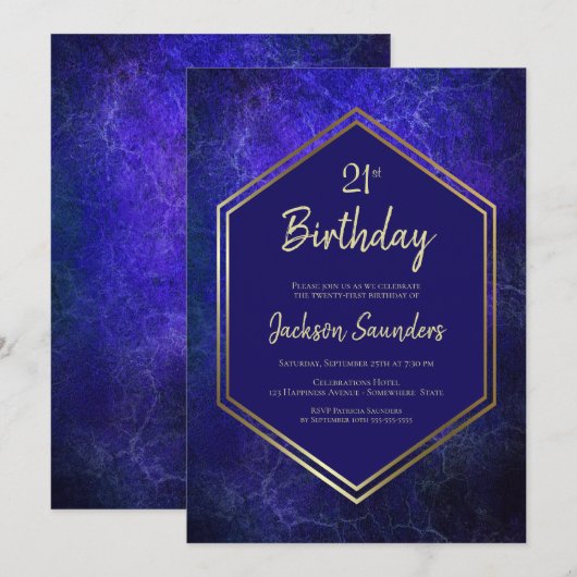 Blauw en goud 21e verjaardag kaart (Voorkant / Achterkant)