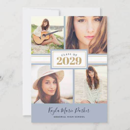 Blauw en goud | 4 Foto-Afstuderen-uitnodiging Aankondiging (Voorkant)