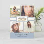 Blauw en goud | 4 Foto-Afstuderen-uitnodiging Aankondiging (Staand voorkant)