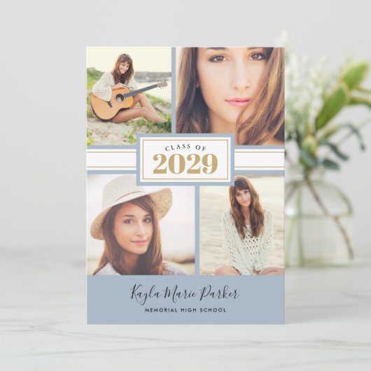 Blauw en goud | 4 Foto-Afstuderen-uitnodiging Aankondiging (Staand voorkant)