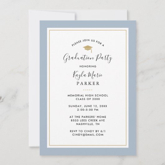 Blauw en goud | 4 Foto-Afstuderen-uitnodiging Aankondiging (Achterkant)