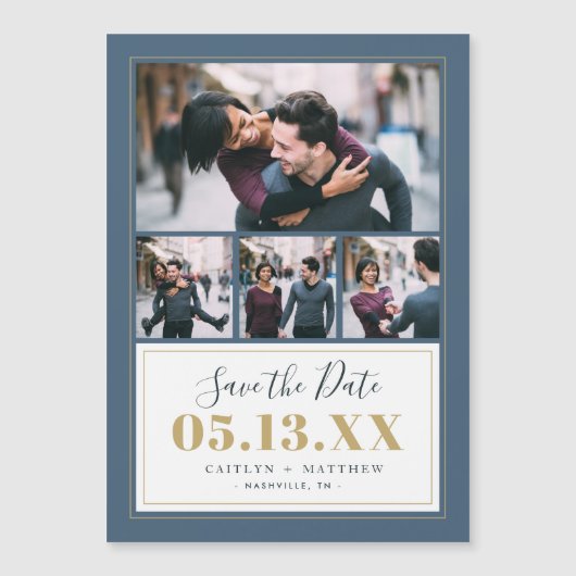 Blauw en Goud 4 Foto Opslaan van de Datum (Voorkant)