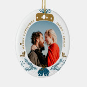 Blauw en goud | Aangepaste kerstfoto Bauble Merry Keramisch Ornament (Rechts)