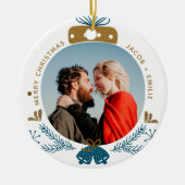 Blauw en goud | Aangepaste kerstfoto Bauble Merry Keramisch Ornament (Voorkant)