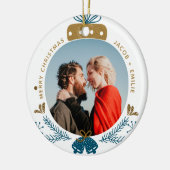 Blauw en goud | Aangepaste kerstfoto Bauble Merry Keramisch Ornament (Links)