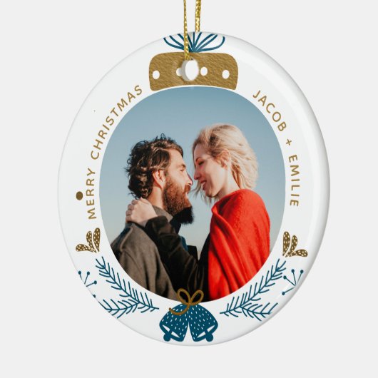 Blauw en goud | Aangepaste kerstfoto Bauble Merry Keramisch Ornament (Links)