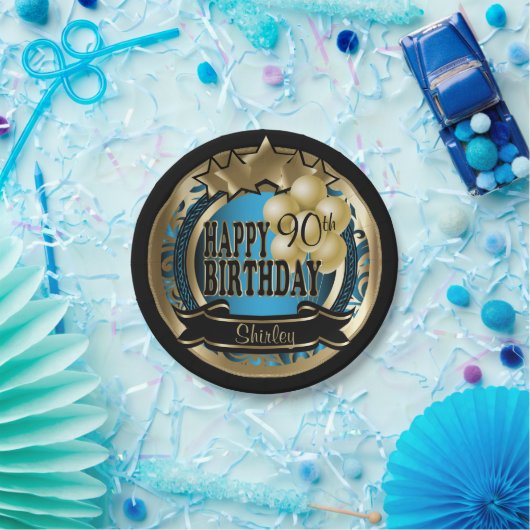 Blauw en Goud Abstract 00ste Verjaardagsster Papieren Bordje (Feest)