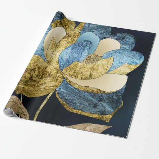 Blauw en Goud Abstract Bloem met Getextureerde Blo Cadeaupapier (Uitgerold)