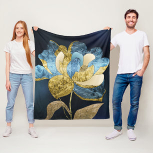Blauw en Goud Abstract Bloem met Getextureerde Blo Fleece Deken