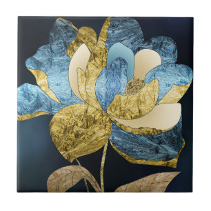Blauw en Goud Abstract Bloem met Getextureerde Blo Tegeltje