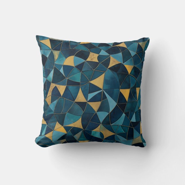 Blauw en Goud Abstract Mozaïek Kussen (Voorkant)