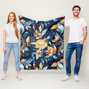 Blauw en Goud Abstract Paisley Bladeren (2) Fleece Deken