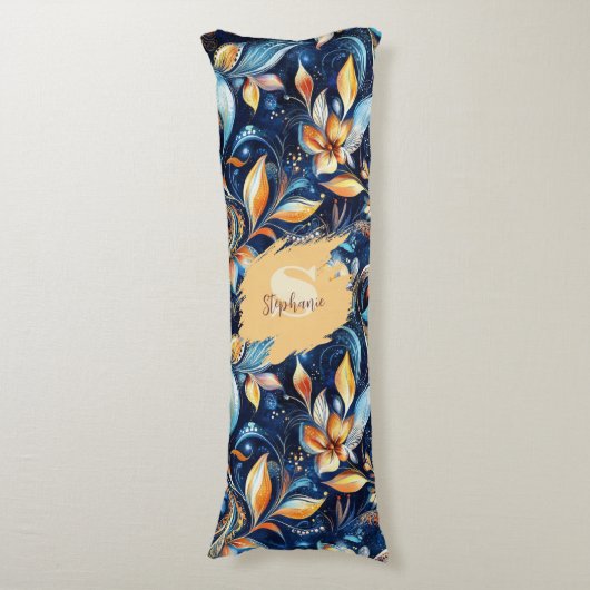 Blauw en Goud Abstract Paisley Bladeren (2) Lichaamskussen (Voorkant Verticaal)