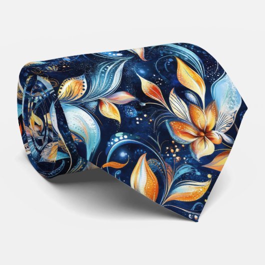 Blauw en Goud Abstract Paisley Bladeren (2) Stropdas (Opgerold)