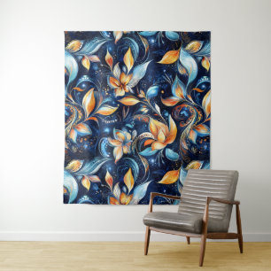 Blauw en Goud Abstract Paisley Bladeren (2) Wandkleed