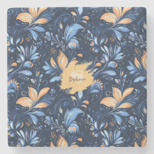 Blauw en Goud Abstract Paisley Bladeren (3) Stenen Onderzetter