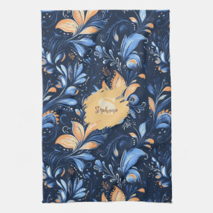 Blauw en Goud Abstract Paisley Bladeren (3) Theedoek