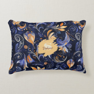 Blauw en Goud Abstract Paisley Bladeren Accent Kussen