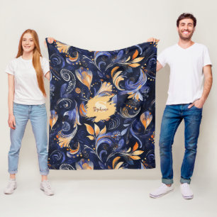 Blauw en Goud Abstract Paisley Bladeren Fleece Deken