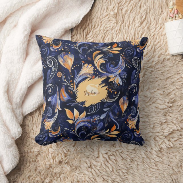 Blauw en Goud Abstract Paisley Bladeren Kussen (Deken)