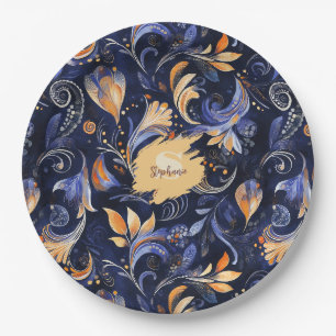 Blauw en Goud Abstract Paisley Bladeren Papieren Bordje