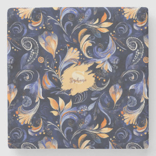 Blauw en Goud Abstract Paisley Bladeren Stenen Onderzetter