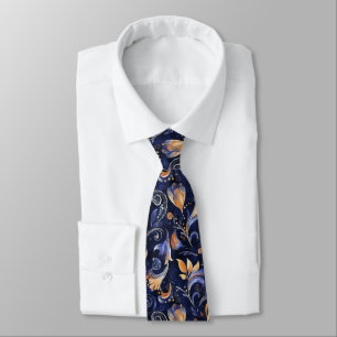 Blauw en Goud Abstract Paisley Bladeren Stropdas