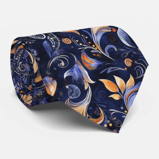 Blauw en Goud Abstract Paisley Bladeren Stropdas (Opgerold)