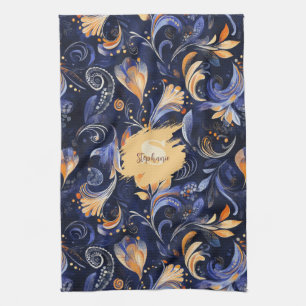 Blauw en Goud Abstract Paisley Bladeren Theedoek