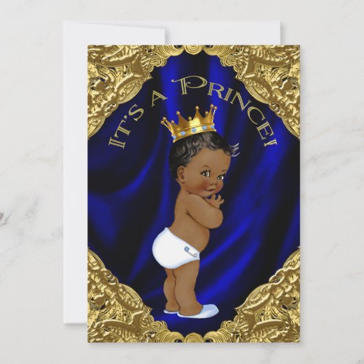 Blauw en Goud Afro-Amerikaans Prince Baby shower Kaart (Voorkant)