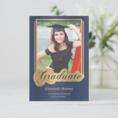 Blauw en Goud Afstuderen Fotouitnodiging Kaart (Staand voorkant)