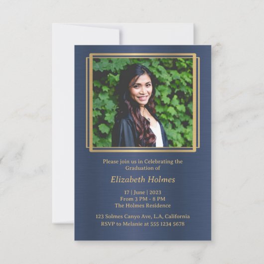 Blauw en Goud Afstuderen Fotouitnodiging Kaart (Achterkant)