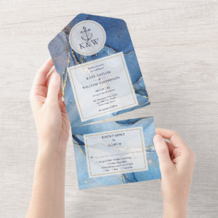 Blauw en goud agaat anker nautisch huwelijk all in one uitnodiging