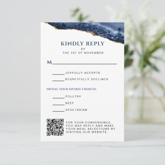 Blauw en Goud Agaat Bar Mitswa QR Code, Verticaal RSVP Kaartje (Staand voorkant)