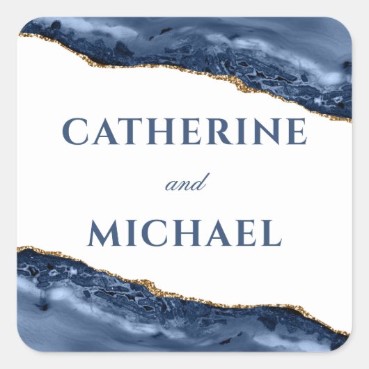 Blauw en goud agaat rand bruiloft cadeautje vierkante sticker (Voorkant)