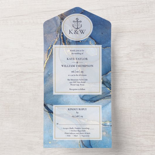 Blauw En Goud Agaat Zeeanker Trouw Uitnodiging (Binnen)