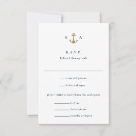Blauw en Goud Anker Nautische Kustbruiloft RSVP Kaartje