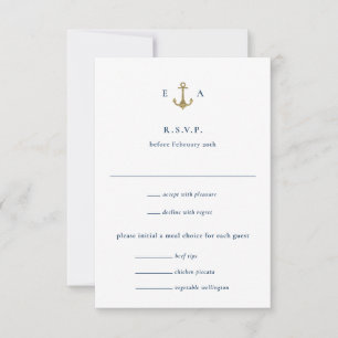Blauw en Goud Anker Nautische Kustbruiloft RSVP Kaartje
