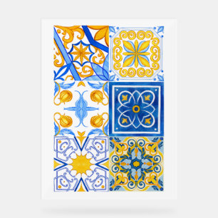 Blauw en Goud Aquarel Tegel Patroon – Mediterra Acryl Bord